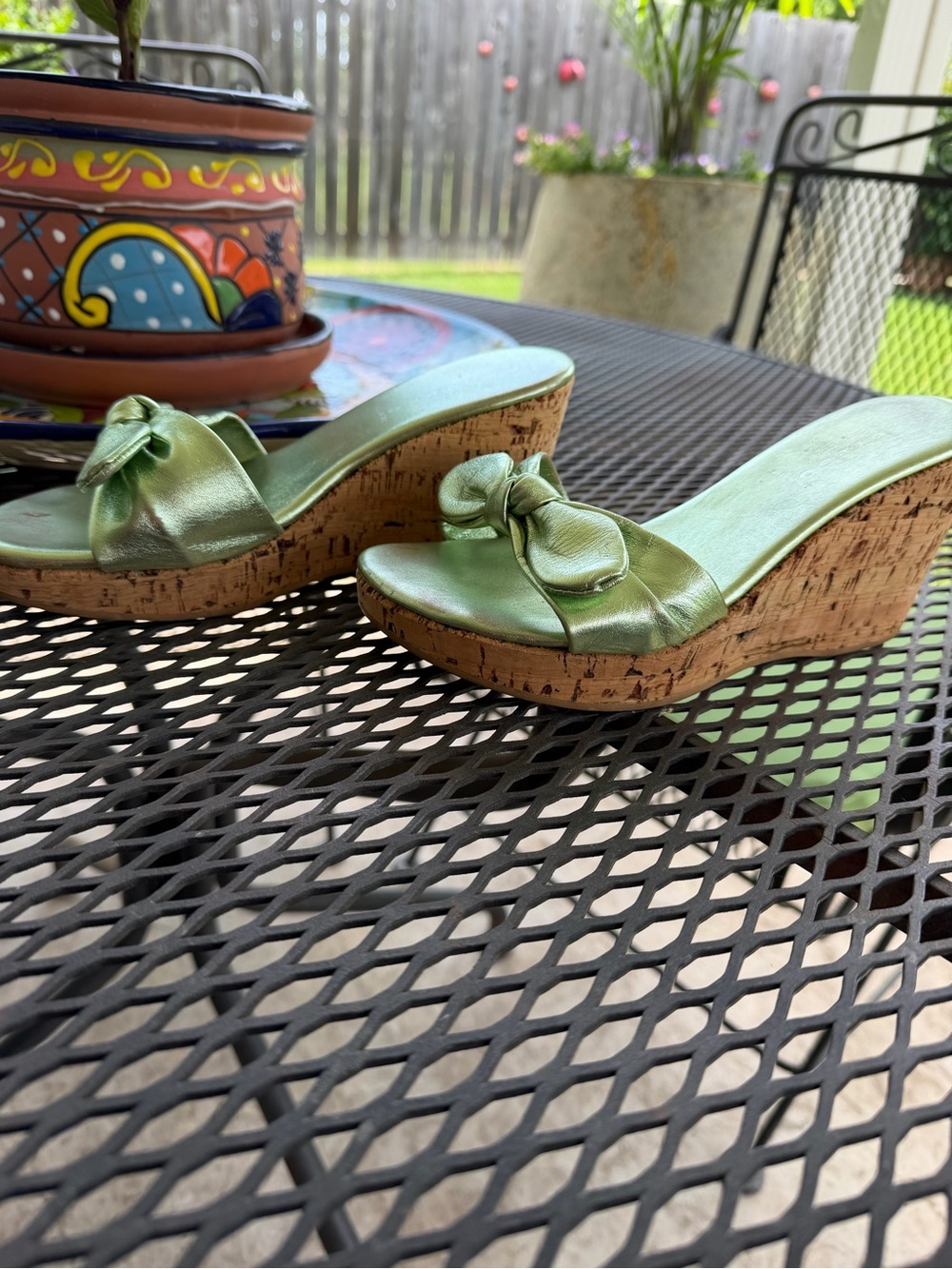 Green leather Knot Cork Wedge Sandals